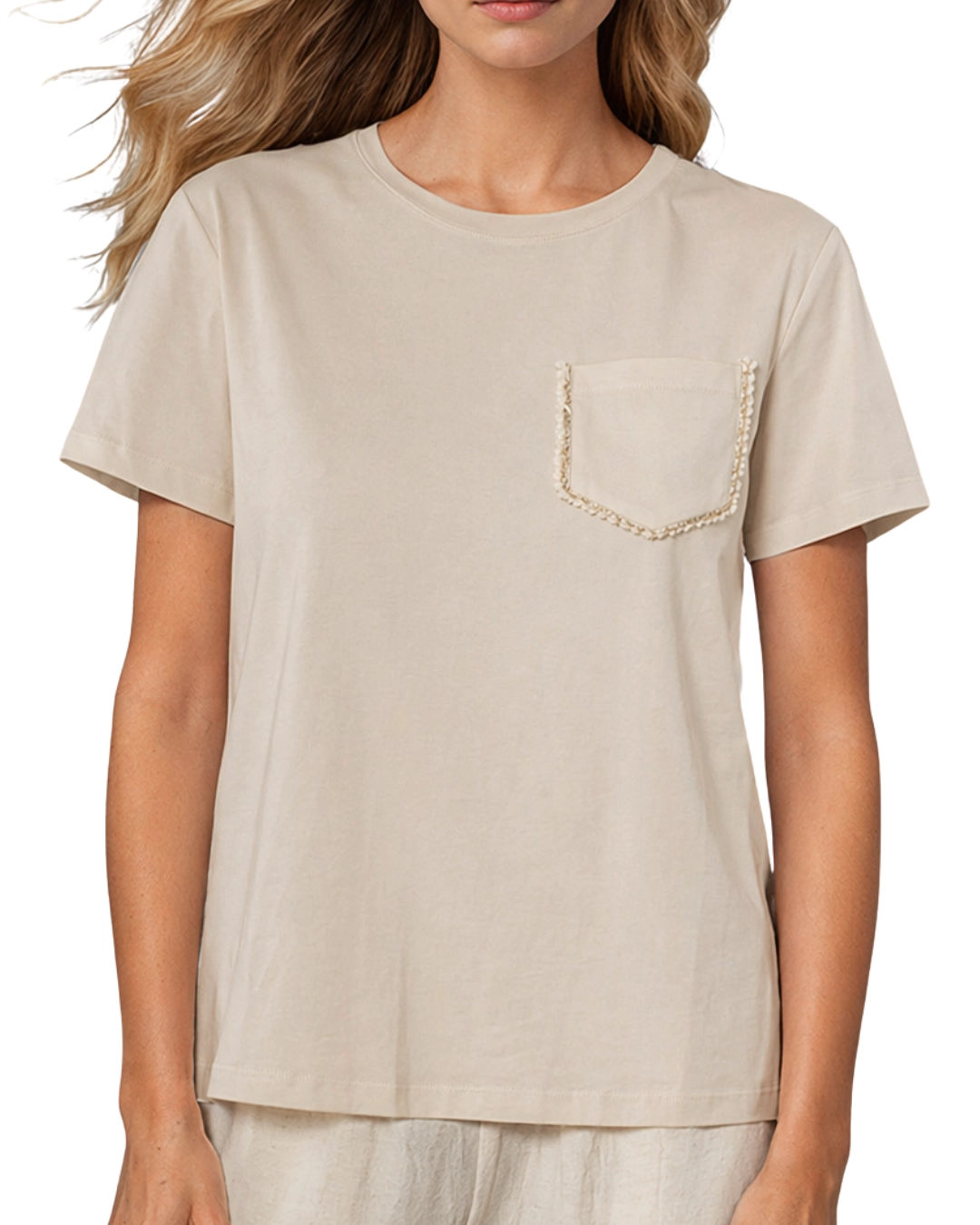 Damski T-Shirt Gigia z Kieszonką – Beżowy
