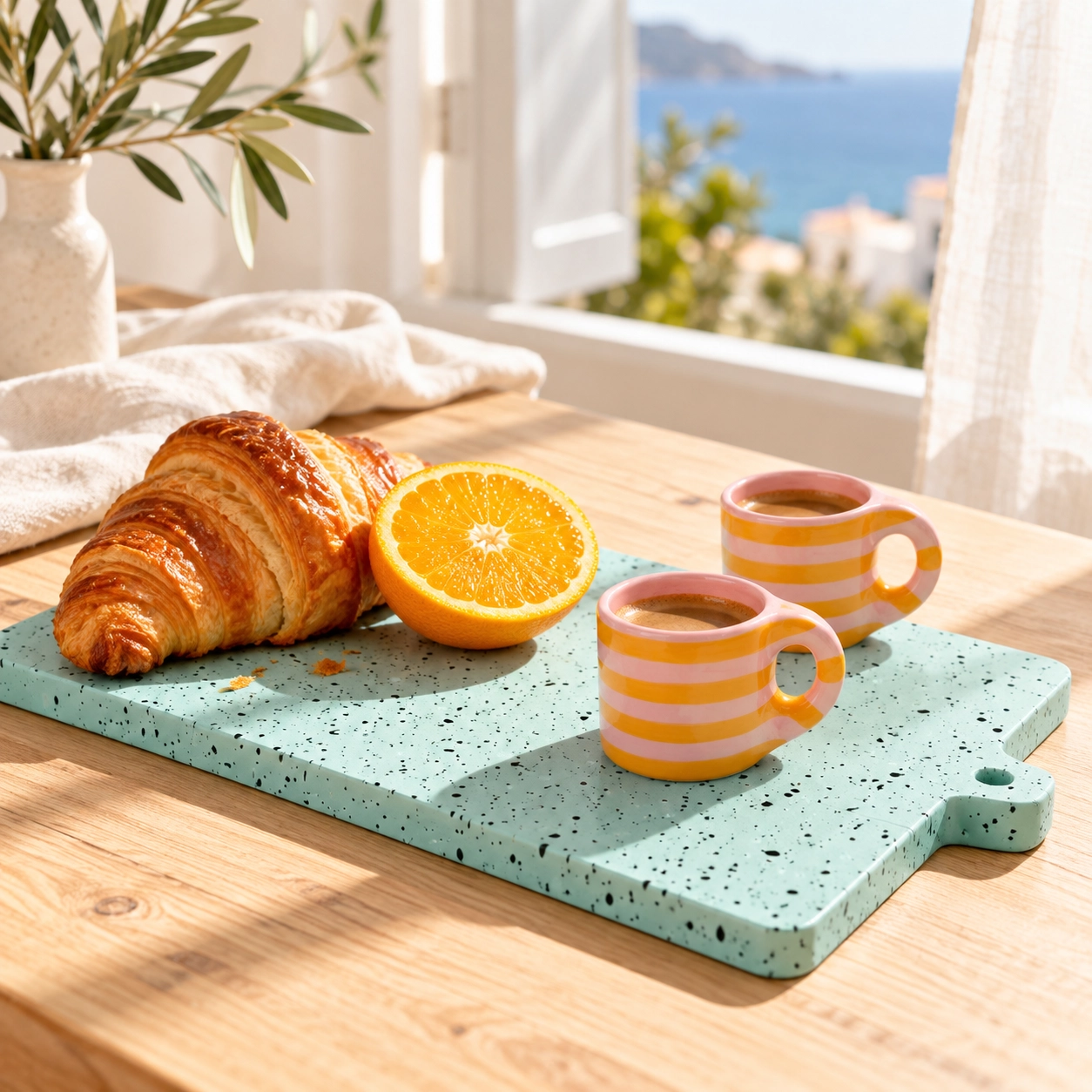 Breakfast for Two Gift Set: 2 Hand-Painted Mugs & Cutting Board