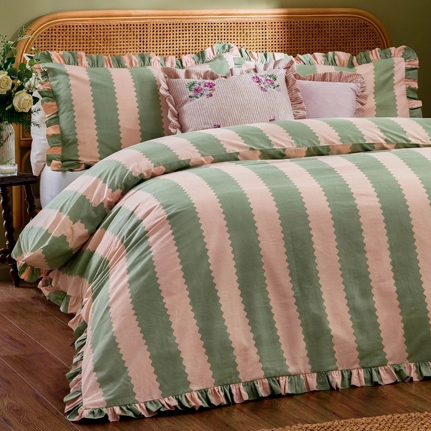 Ruffle Duvet Cover Set Single Bed Wylder Nature Birdie Pink/Green