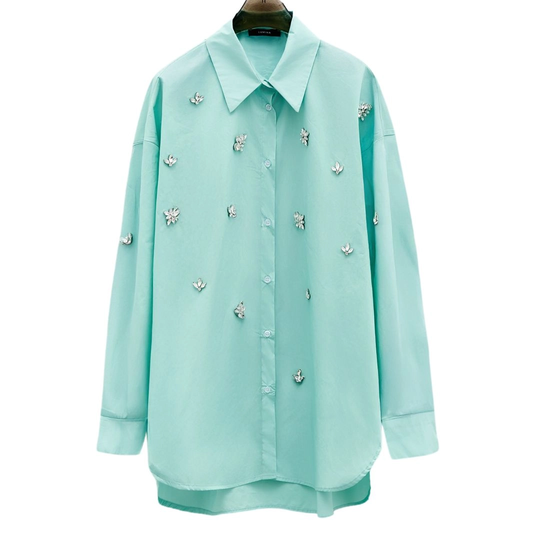 Lumina Camicia Copricostume Oversize Verde Acqua con Strass – Cotone