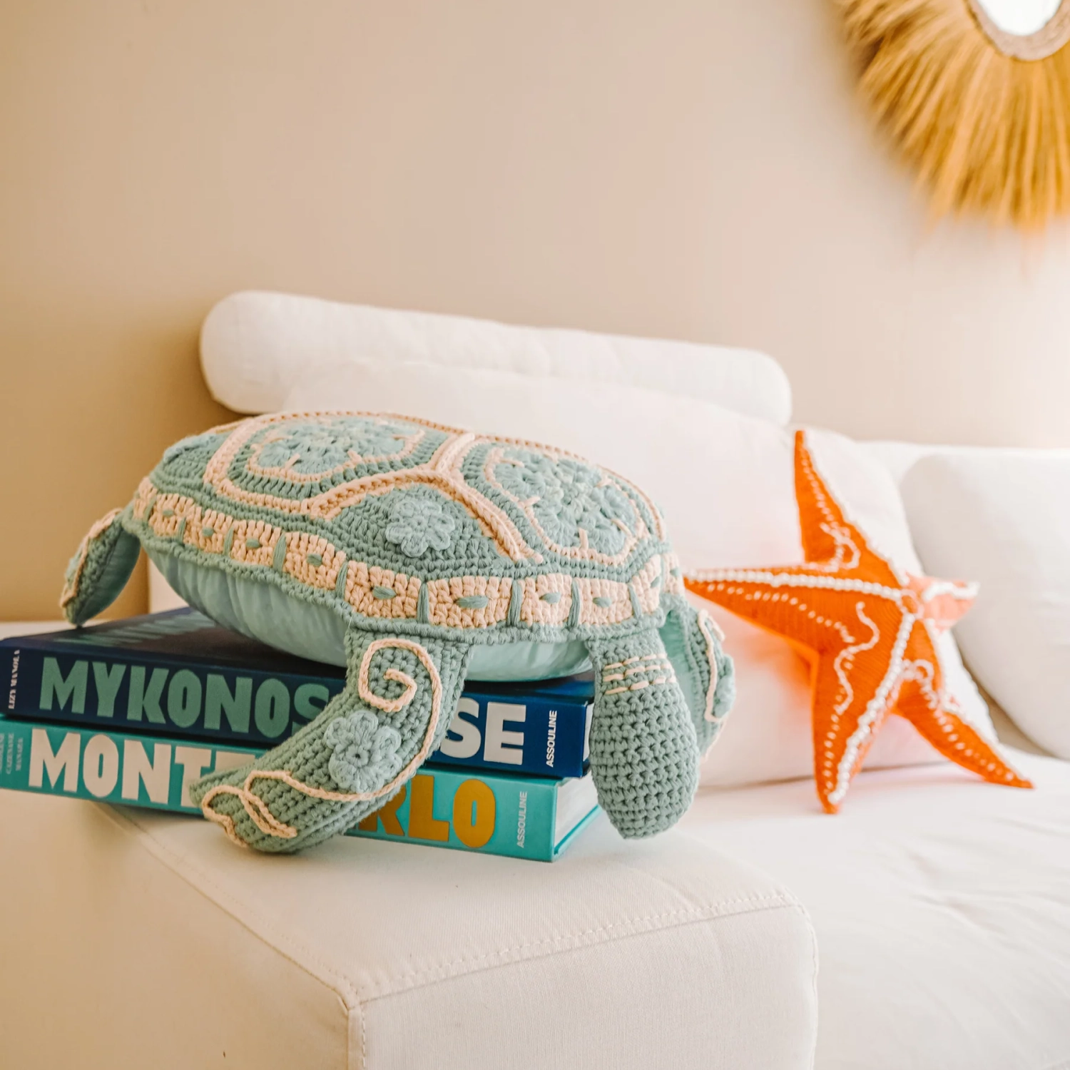 MX Home Cuscino Decorativo all'Uncinetto Stella Marina - Arancione con Perle