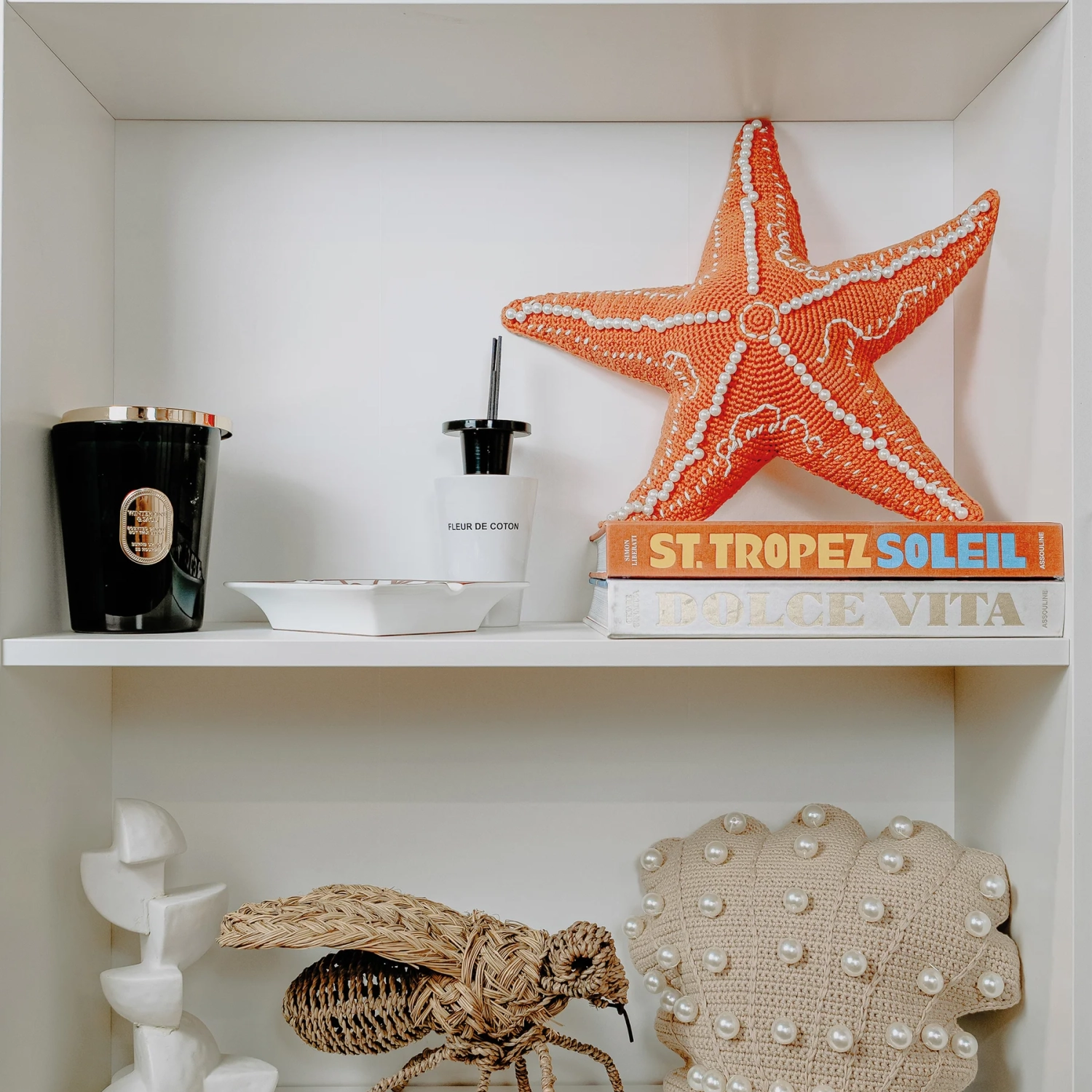 MX Home Cuscino Decorativo all'Uncinetto Stella Marina - Arancione con Perle