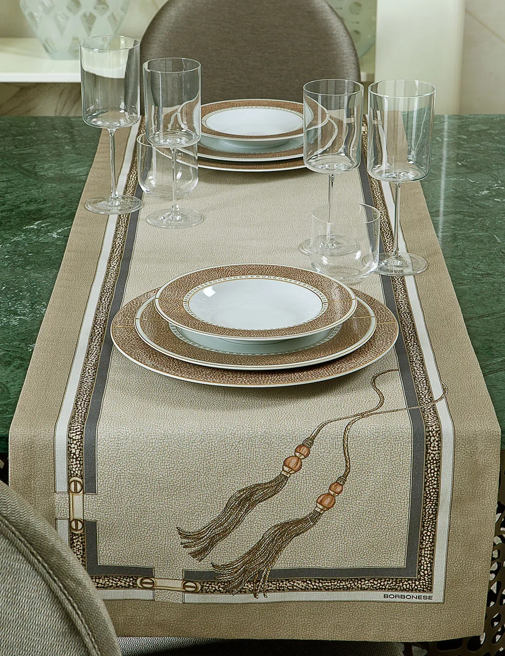 Borbonese Home Ascot Table Runner – Printed Cotton 50x150 cm Taupe