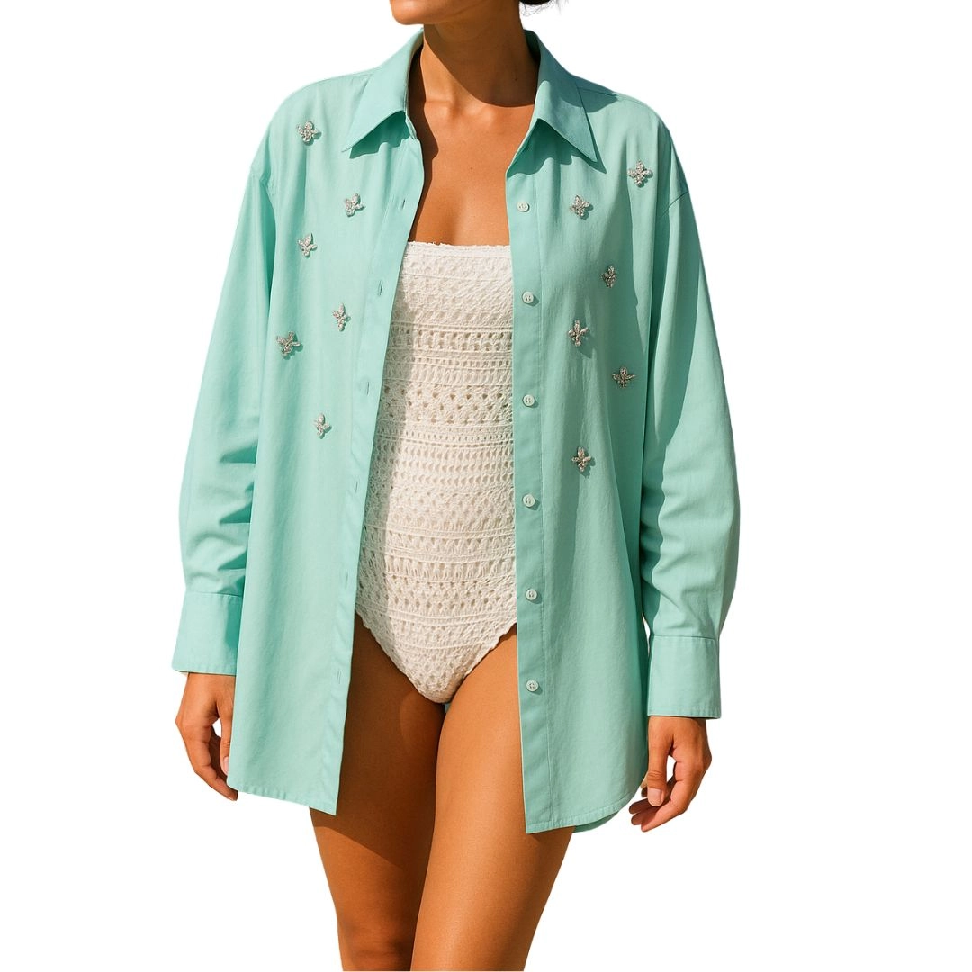Lumina Camicia Copricostume Oversize Verde Acqua con Strass – Cotone