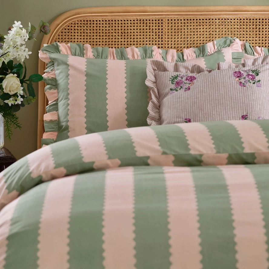 Ruffle Duvet Cover Set Single Bed Wylder Nature Birdie Pink/Green