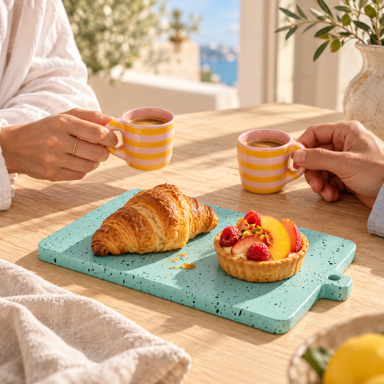 Breakfast for Two Gift Set: 2 Hand-Painted Mugs & Cutting Board