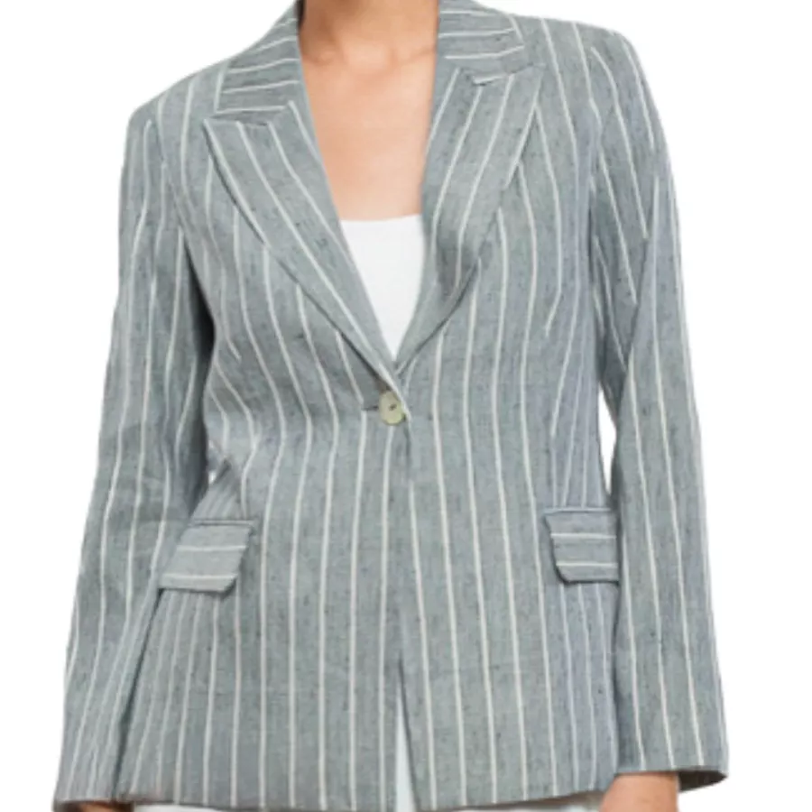 Blazer Donna Gessato in Misto Lino Beige con Righe Bianche