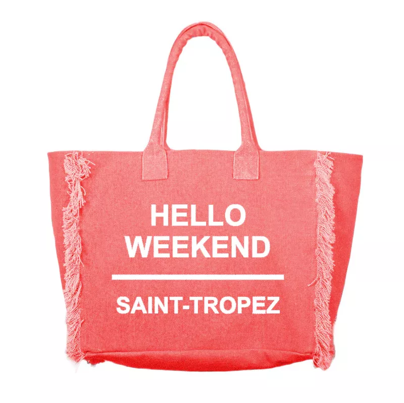 Marinette Saint-Tropez Cotton Beach Bag Hello Weekend - Pink Grapefruit