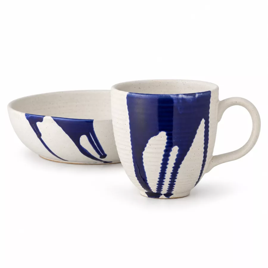 Japanese-Style Tea Gift Set: 4 Blue Stoneware Cups & Serving Bowl