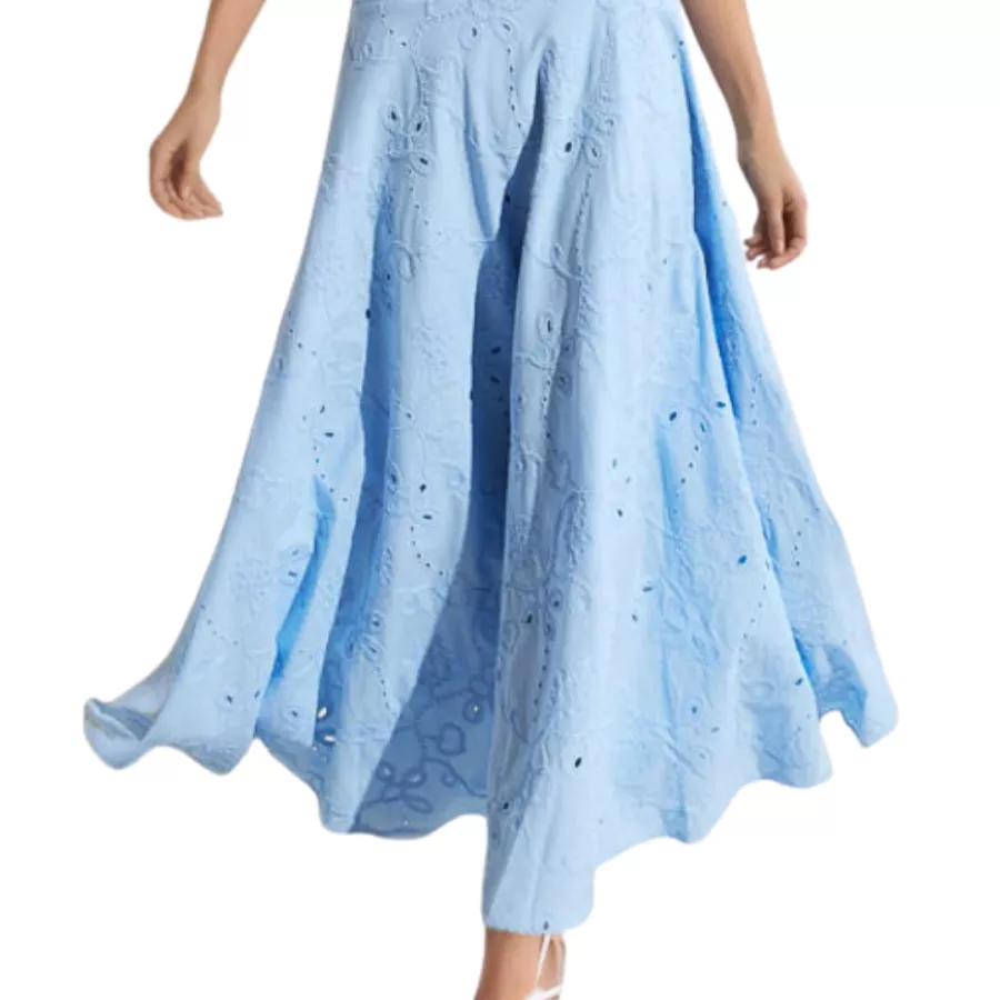 Gonna Lunga Calma in Cotone Sangallo con Ricami - 100% Cotone Sangallo Azzurro