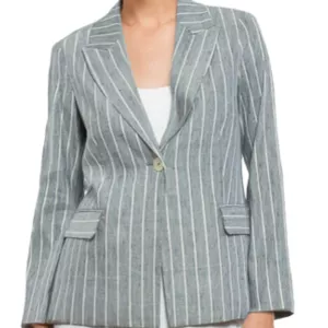 Blazer Donna Gessato in Misto Lino Beige con Righe Bianche
