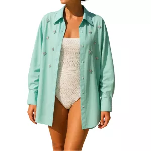 Lumina Camicia Copricostume Oversize Verde Acqua con Strass – Cotone